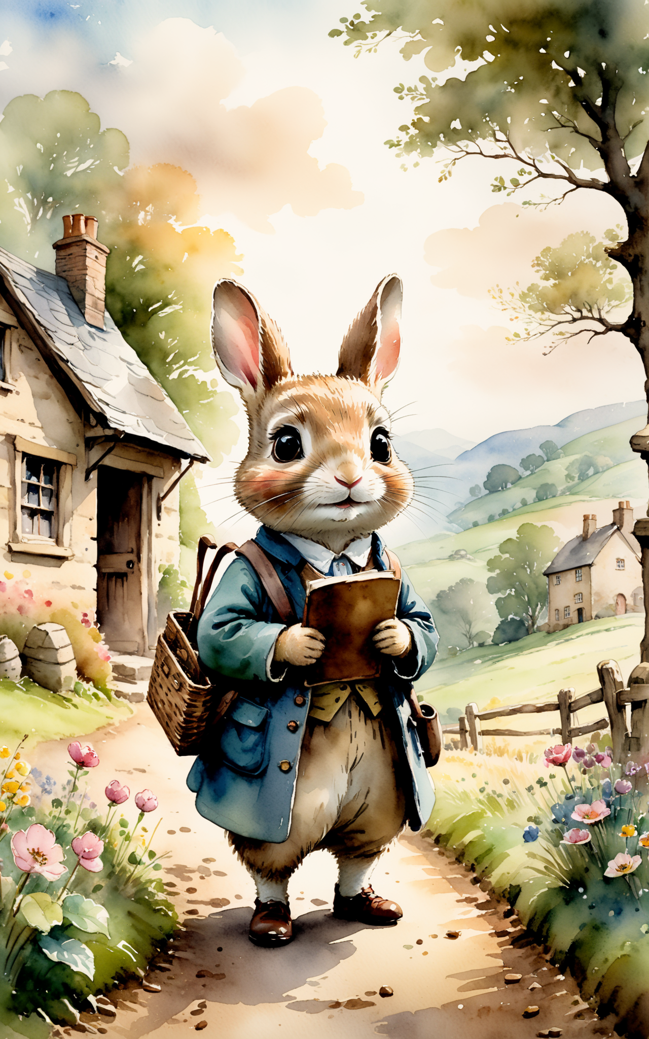 05146-2122154531-cinematic still Beatrix Potter style watercolor. Chibi style, they are in a rural school, a landscape of pastel colors, emotiona.png